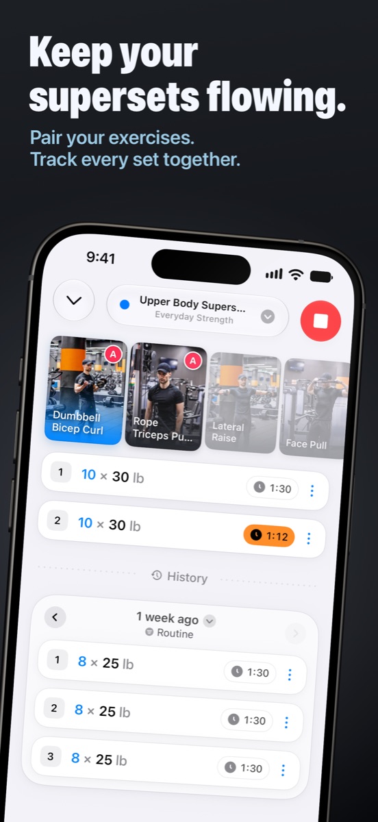 Keep your supersets flowing. Pair your exercises. Track every set together.